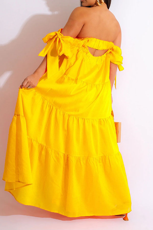 storexq Solid Color Pretty Flowy Tiered Ruffle Maxi Dress