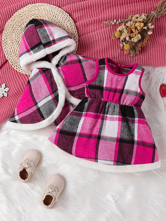 Christmas Style Toddler Baby Girl's Stylish Fleece Lined Plaid Coat + Plaid Dress Set, Warm Outfit For Fall & Winter Outdoor Clothes