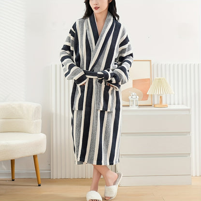 1pc Contemporary Microfiber Bathrobe with Hood – Unisex Long Sleeve, Quick Dry, Soft and Absorbent, Low Lint, Knit Fabric with Striped Pattern, Polyester and Polyamide Composition, Machine Washable – Suitable for Couples, Students, Universal Use 300gsm