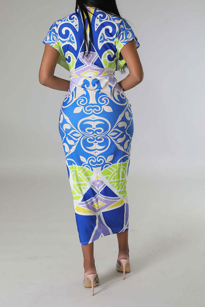 storexq Tribal Print Feminine Draped High Split Midi Dress