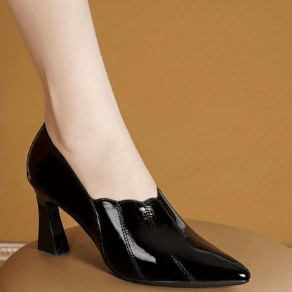 Elegant All-Season Pumps: Pointed Toe, Breathable Comfort, Slip-On, Mid-Heel, Glossy Patent Leather