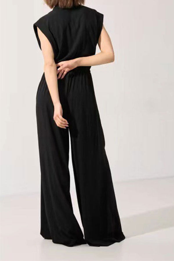 storexq Solid Color Commuting Drawstring Wide Leg Jumpsuit