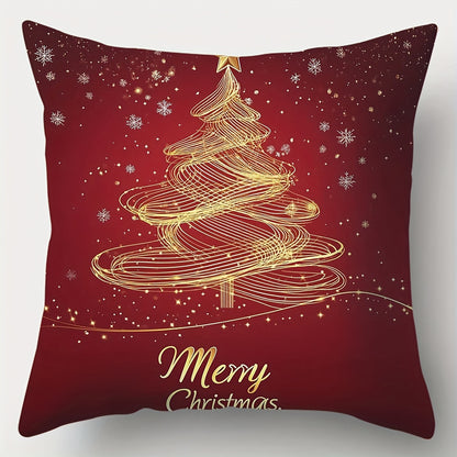 4-Piece Set of Christmas Pillows, 17.2"x17.2" each, Red Christmas Tree & Ornament Print, Zipper Closure, Soft Polyester Fiber, Contemporary Style, Machine Washable, Living Room Sofa Decor