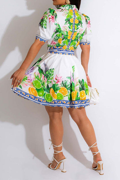 storexq Lemon Print Preppy Belted Pleated Mini Dress