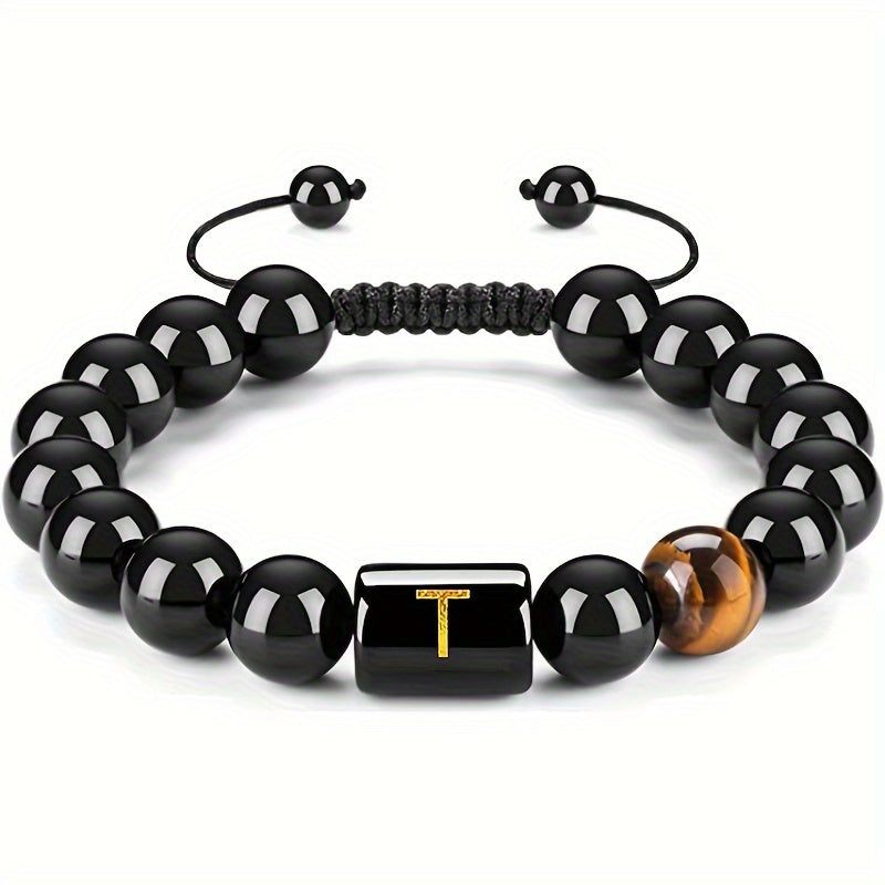 1pc Stunning 26-Letter 10MM Synthetic Stone Bead Adjustable Rope Chain Woven Bracelet - Fashionable Accessory for Men and Women - Ideal Gift for Friends and Family - Durable and Comfortable to Wear