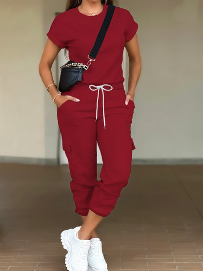 Casual Solid Color Pants Set, Short Sleeve T-shirt & Flap Pockets Drawstring Jogger Pants Outfits, Women's Clothing