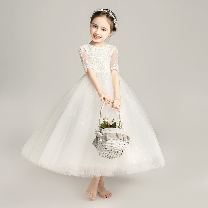 Girl's White Wedding Dress Flower Girl Princess Dress Tulle Tutu Children's Costume Little Host Birthday Party Formal Dress Spring