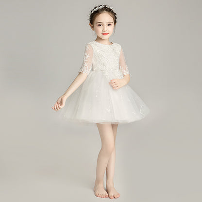 Girl's White Wedding Dress Flower Girl Princess Dress Tulle Tutu Children's Costume Little Host Birthday Party Formal Dress Spring