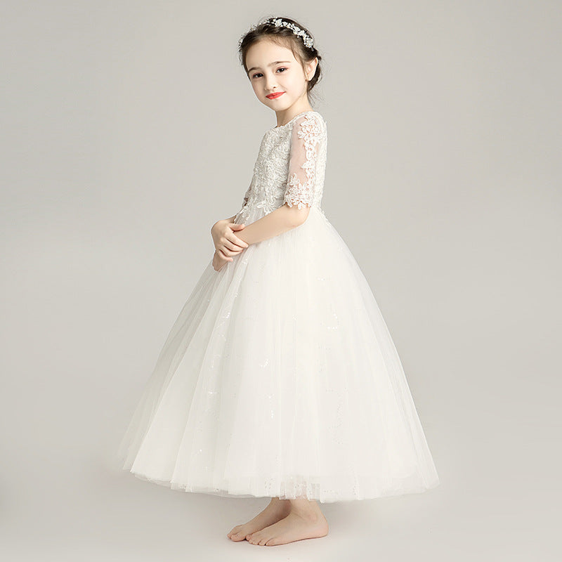 Girl's White Wedding Dress Flower Girl Princess Dress Tulle Tutu Children's Costume Little Host Birthday Party Formal Dress Spring