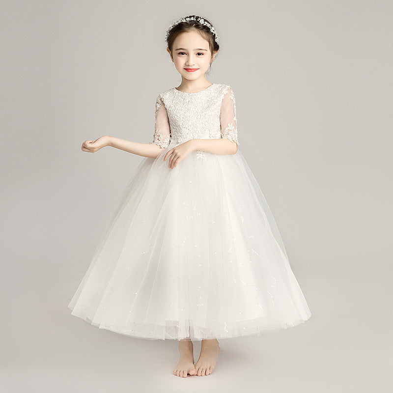 Girl's White Wedding Dress Flower Girl Princess Dress Tulle Tutu Children's Costume Little Host Birthday Party Formal Dress Spring