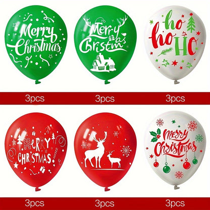 18pcs Christmas Party Balloon Set - 12" Green, Red & White Latex with Reindeer & Tree Prints for Festive Decorations