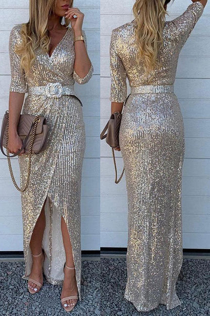 storexq Sequined V Neck Glamorous Maxi Dress