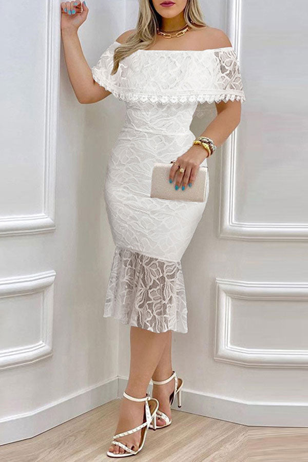 storexq Lace Stunning Off Shoulder Ruffle Midi Dress