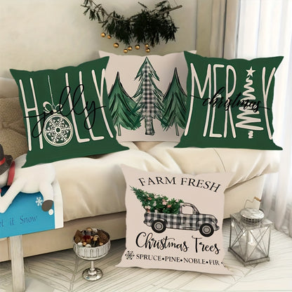 4pcs Set Green Christmas Tree Throw Pillow Covers, 18x18 Inch - Modern Minimalist Style, Flannel Printed, Zip Closure - Perfect for Living Room, Bedroom & Sofa Decor (Inserts Not Included)