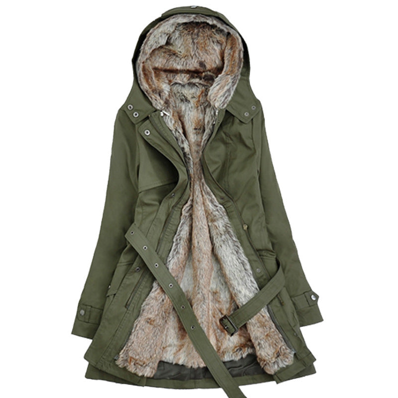 ebay autumn and winter new women's clothing European and American fur collar hooded lamb wool medium and long cotton-padded trench coat