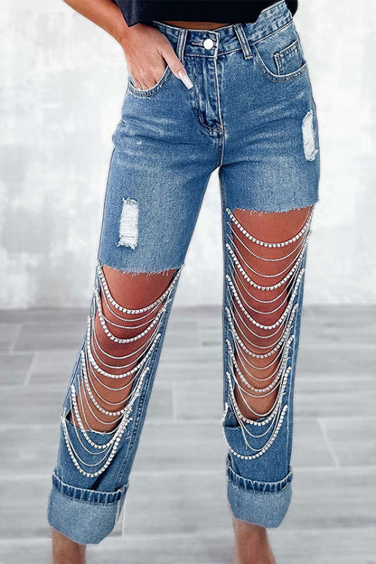 storexq Ripped Cool Rhinestone Chain Decor Jeans