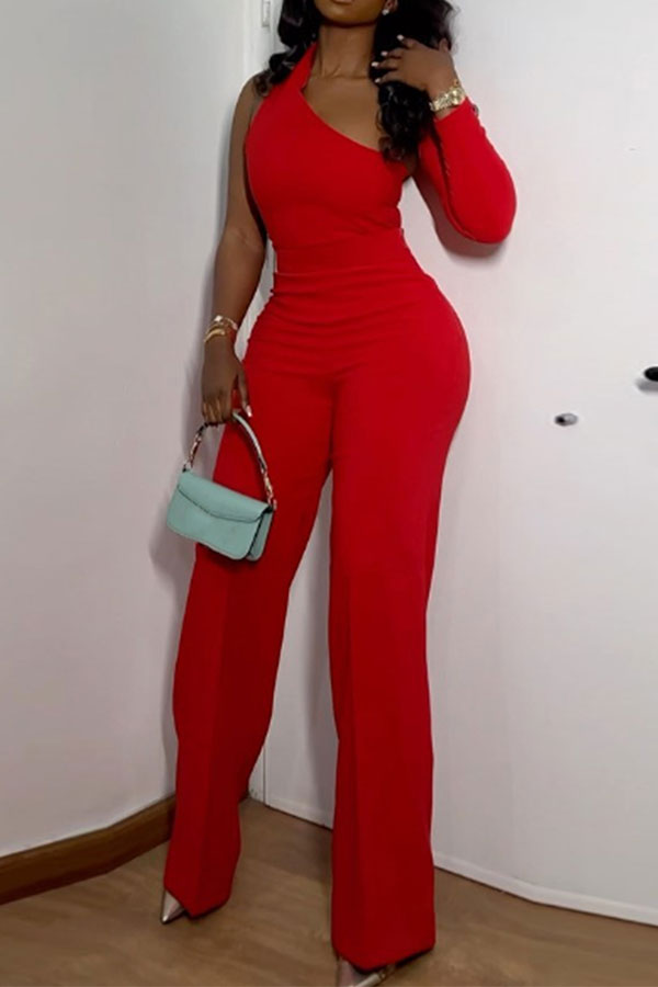 storexq Solid Color Asymmetric Unique Wide Leg Pant Suit