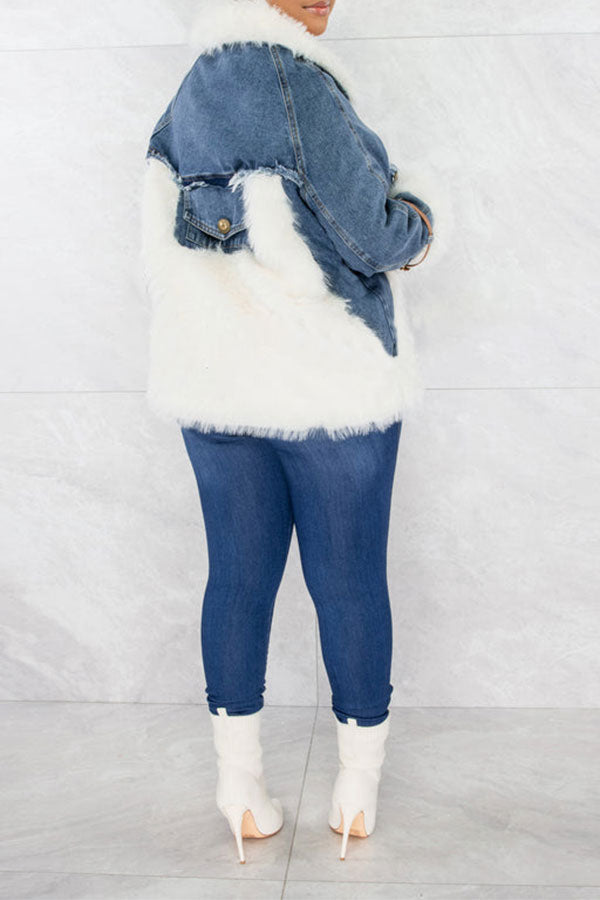 storexq Faux Fur Patchwork Casual Denim Coat