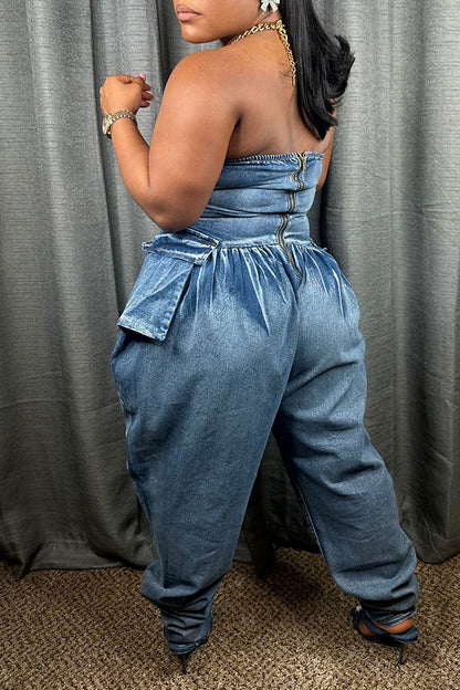 storexq Blue Strapless Party Washed Denim Jumpsuit