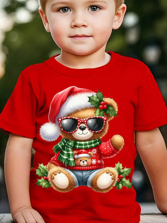 MILKYSHIP Boys' Summer Fashion T-Shirt, Cute Bear Print with Christmas Elements, Casual Round Neck, Stretch Polyester, Kids' Short Sleeve Top, Regular Fit, Knit Fabric