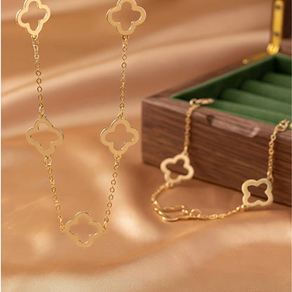 Timeless Chic - Dazzling Clover Charm Jewelry Set - Versatile Golden Necklace & Bracelet for Commuters