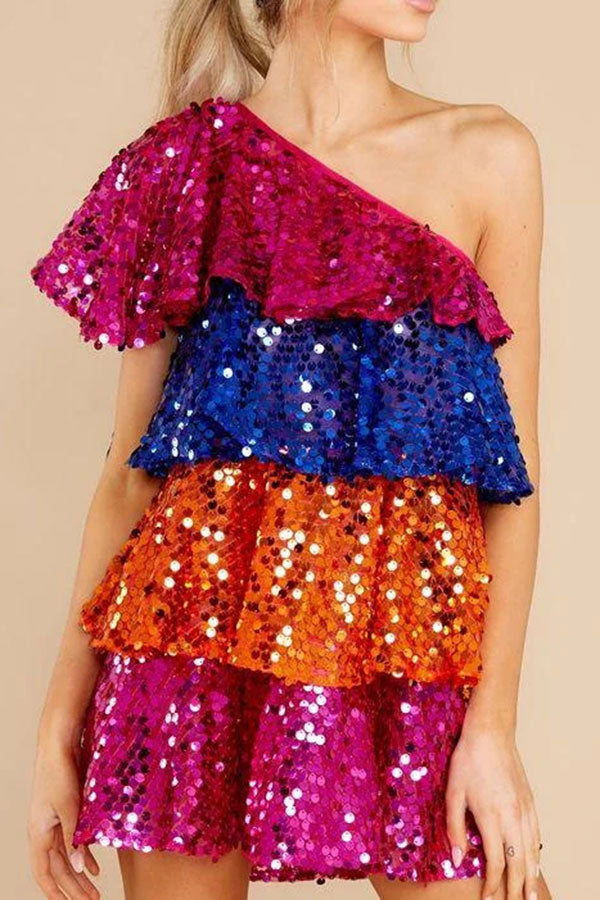 storexq Color Block Sequined Sparkly Tiered Ruffle Midi Dress