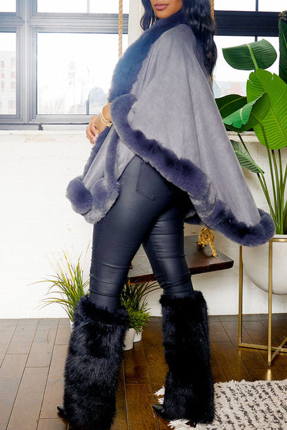 storexq Solid Color Faux Fur Patchwork Elegant Cape Coat