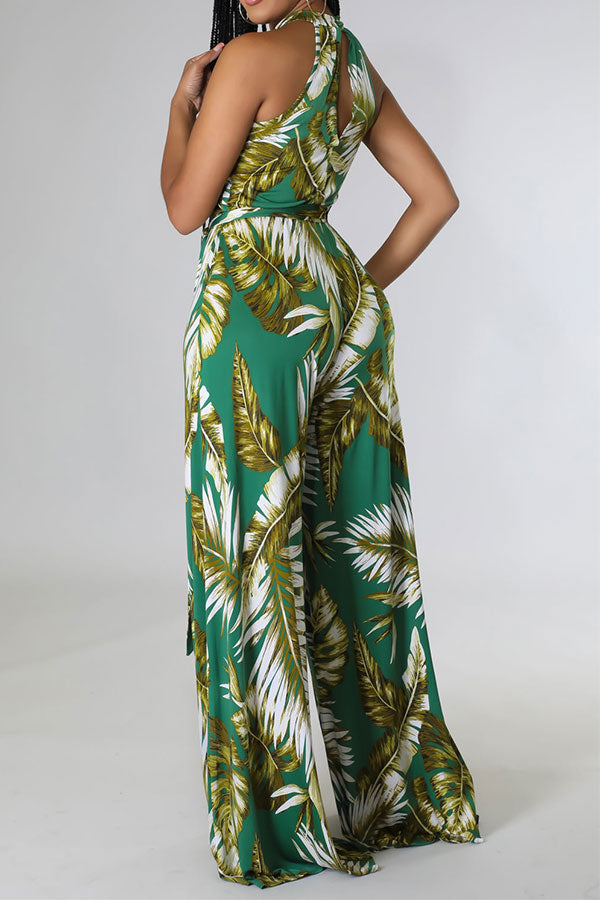 storexq Leaf Print Elegant Belted Wide Leg Jumpsuit