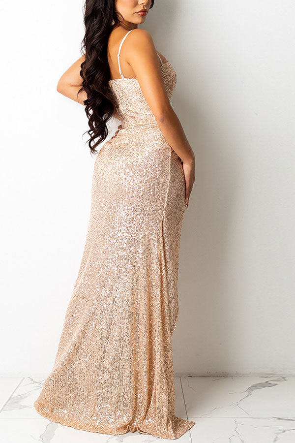 storexq Sequined High Split Elegant Irregular Maxi Dress