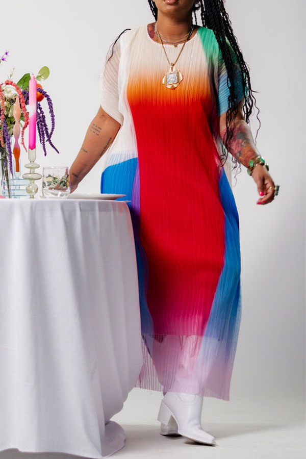 storexq Rainbow Pleated Modern Batwing Sleeve Midi Dress