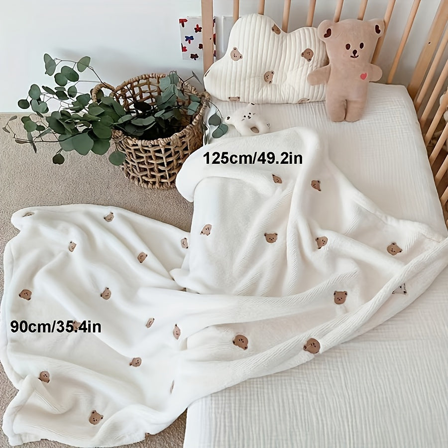 Embroidered Baby Bear Throw Blanket, Micro Minky Warm Swaddle for Newborns, Infants & Toddlers 0-3 Years - Cozy Outdoor Wrap for Babies