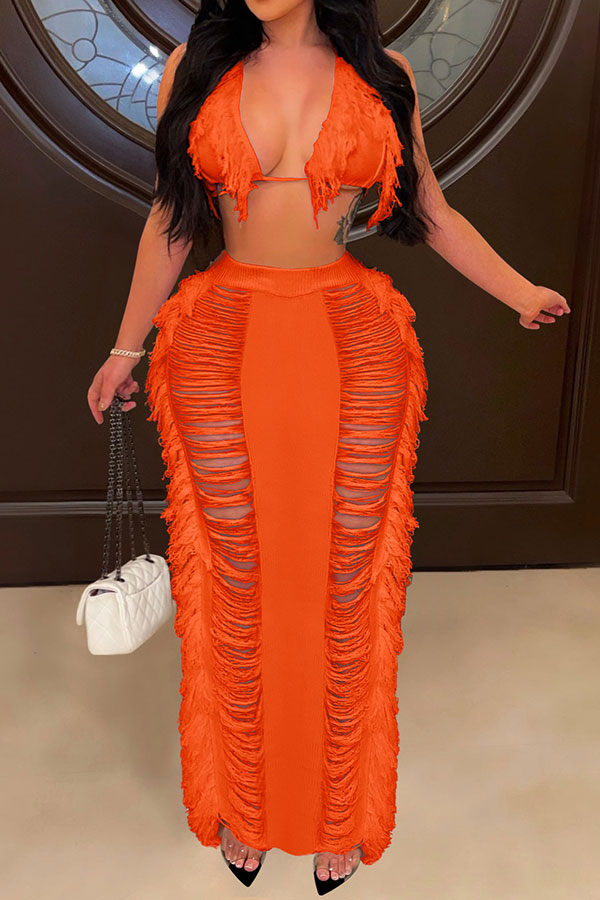 namcoverse Solid Color Ripped On-trend Tassel Dress Suit