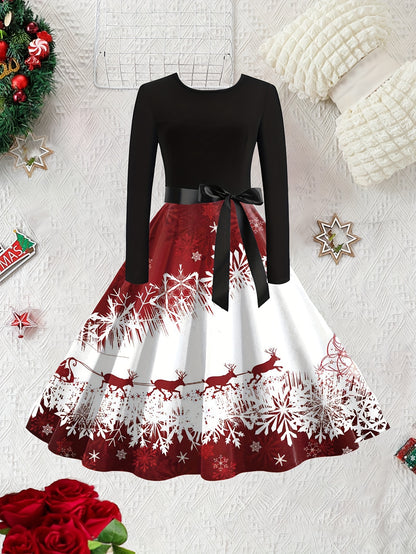 Elegant Vintage-Inspired Christmas Reindeer & Snowflake Print Dress for Women - Long Sleeve, Round Neck with Belted Waist, Stretchy Polyester Blend, Machine Washable - Perfect for Fall/Winter