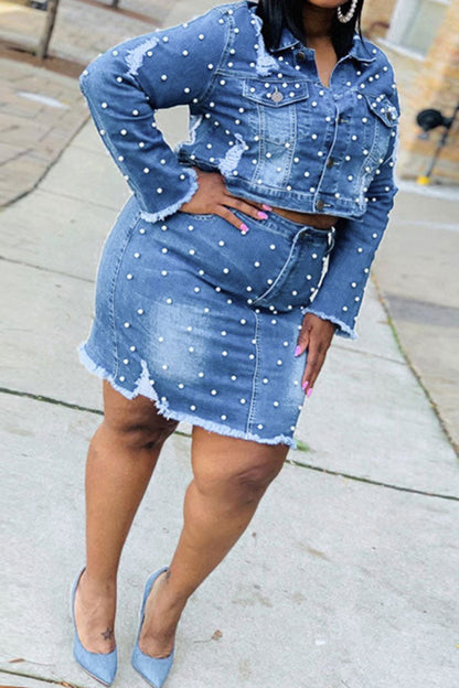 namcoverse Beaded Decor Elegant Ripped Denim Dress Suit