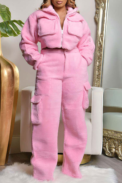 storexq Solid Color Polar Fleece Unusual Multi Pocket Pant Suit