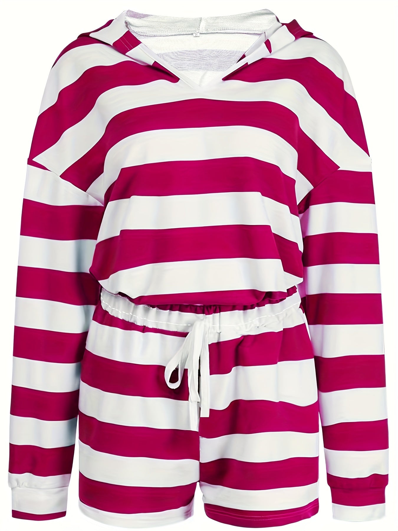 Two-Piece Striped Hooded Casual Outfit - Long Sleeve Top with Pocket & Drawstring Shorts - Polyester Knit Fabric, Mid Elasticity, All Seasons, No Sheer