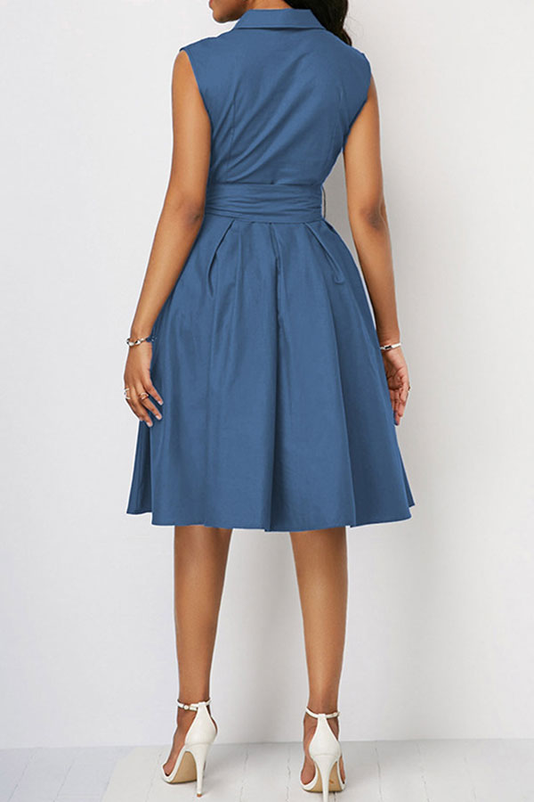 storexq Solid Color Notched Lapel Urban Belted Midi Dress