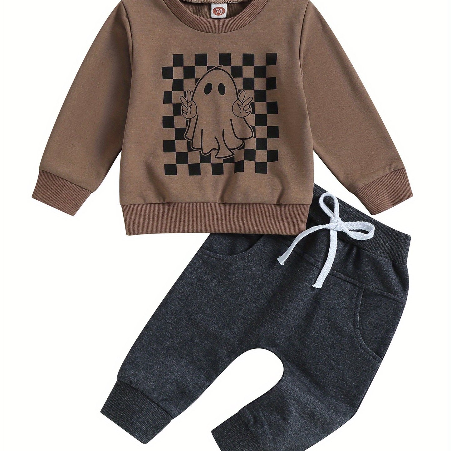 Toddler Boys Fall Outfits Checkerboard Ghost Print Crew Neck Long Sleeve Sweatshirts and Long Pants 2Pcs Halloween Clothes Set