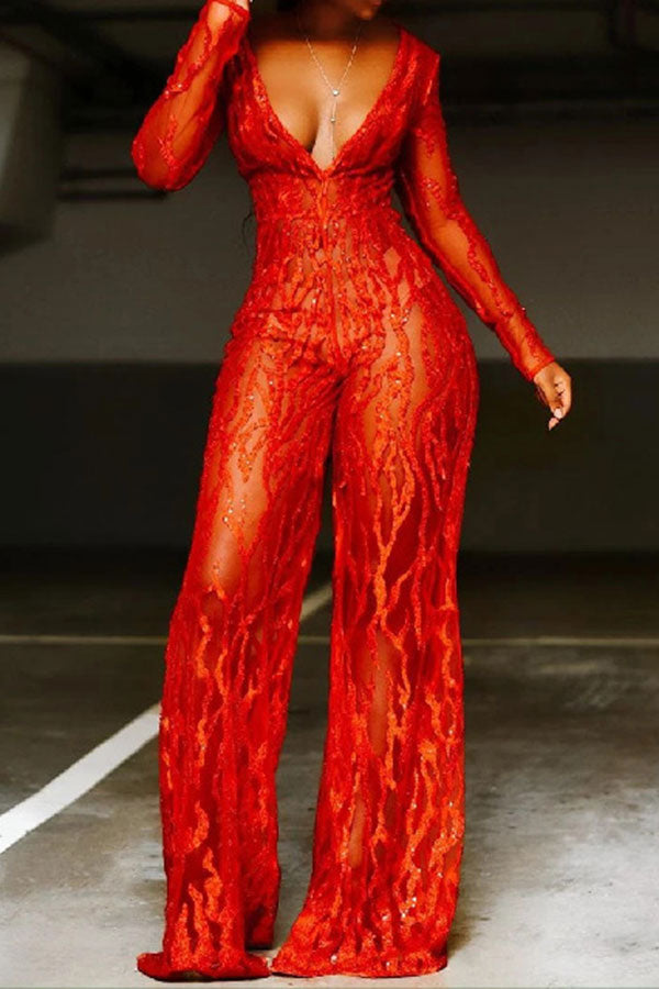 storexq Red Floral Lace V Neck Unique See-Through Wide Leg Jumpsuit