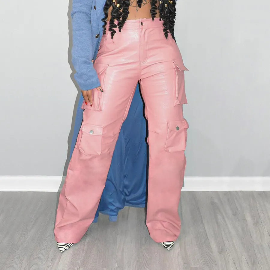 Women's Pants Capris Pink PU Faux Leather Cargo Pants Women Y2k Hip Hop High Waist Pockets Baggy Straight Trousers Fashion Street Party Wide-leg Pant 230809