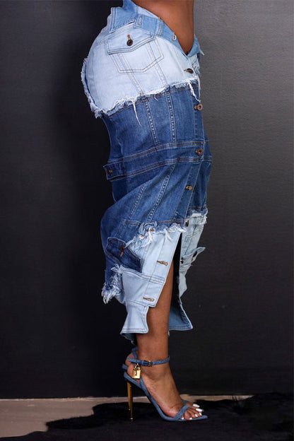 storexq Color Block Patchwork Cool Irregular Denim Skirt