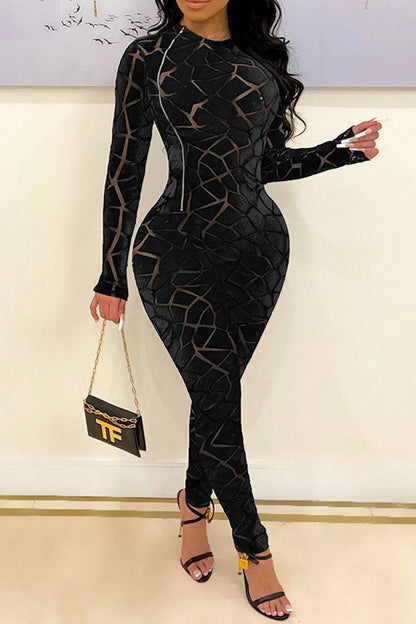 storexq Abstract Print On-trend Zipper Bodycon Jumpsuit