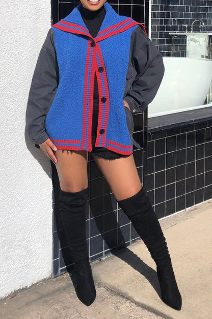 storexq Denim Patchwork Preppy Knitted Coat