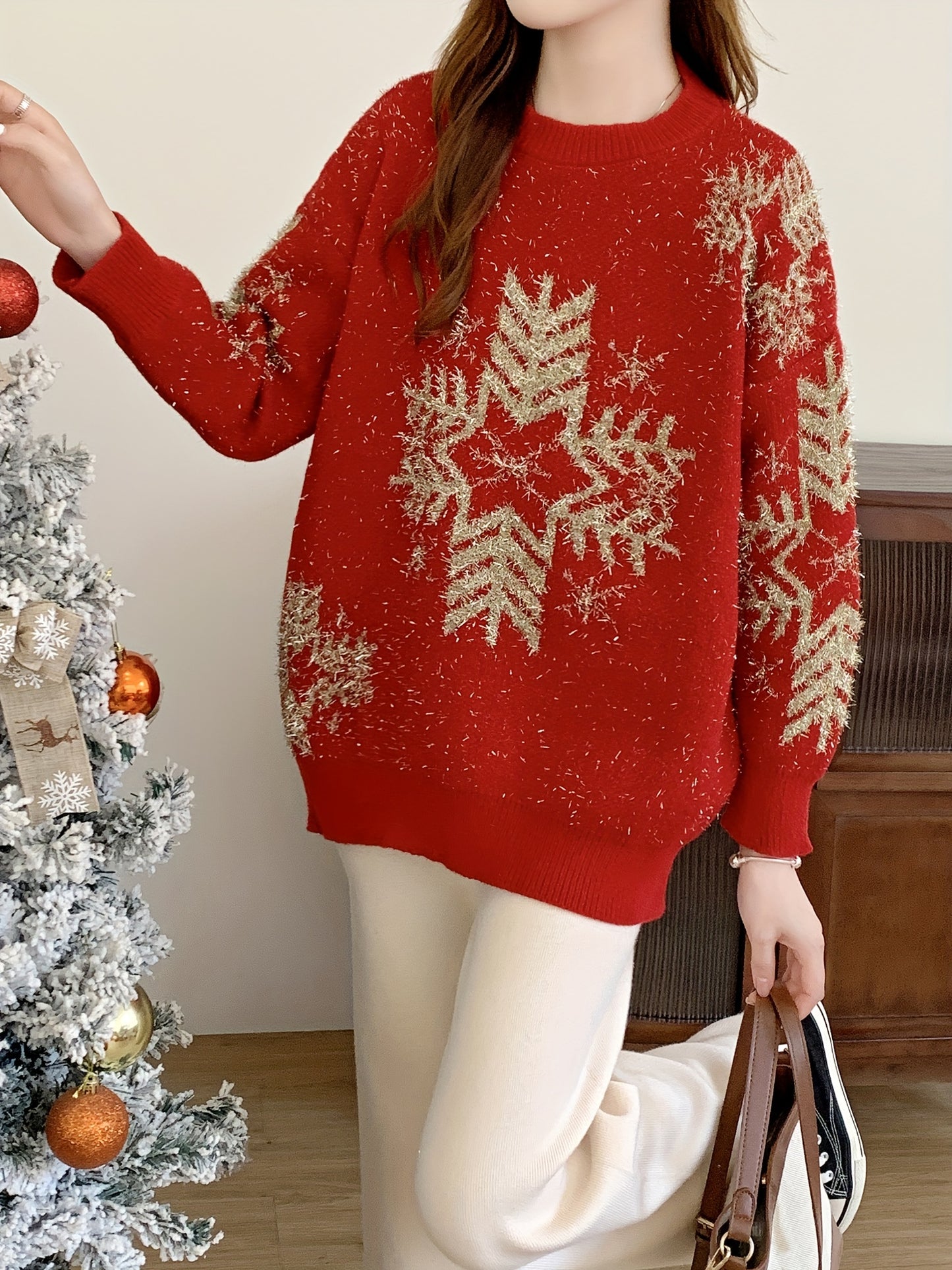 Cozy Women's Christmas Snowflake Pattern Crew Neck Pullover Sweater, Casual Long Sleeve Loose Fit Sweater for Winter