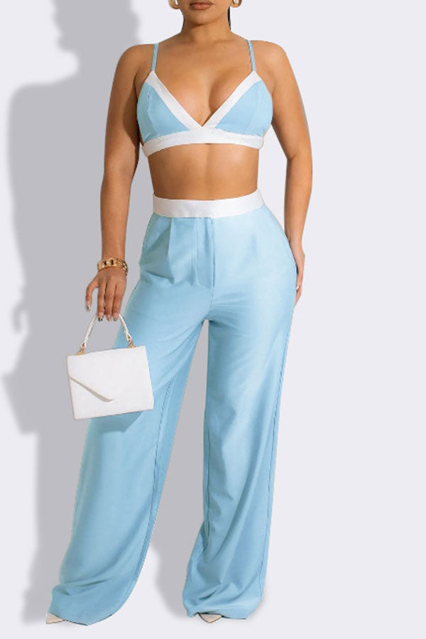 storexq Color Block Patchwork Feminine Wide Leg Pant Suit