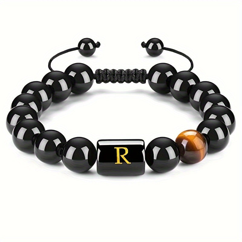 1pc Stunning 26-Letter 10MM Synthetic Stone Bead Adjustable Rope Chain Woven Bracelet - Fashionable Accessory for Men and Women - Ideal Gift for Friends and Family - Durable and Comfortable to Wear