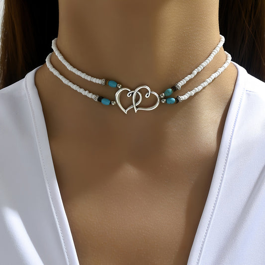 Women's Vacation Style Double Layer Beads Hollow Heart Pendant Choker Necklace