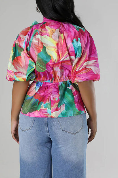 storexq Floral Print Puff Sleeve Sweet Peplum Blouse