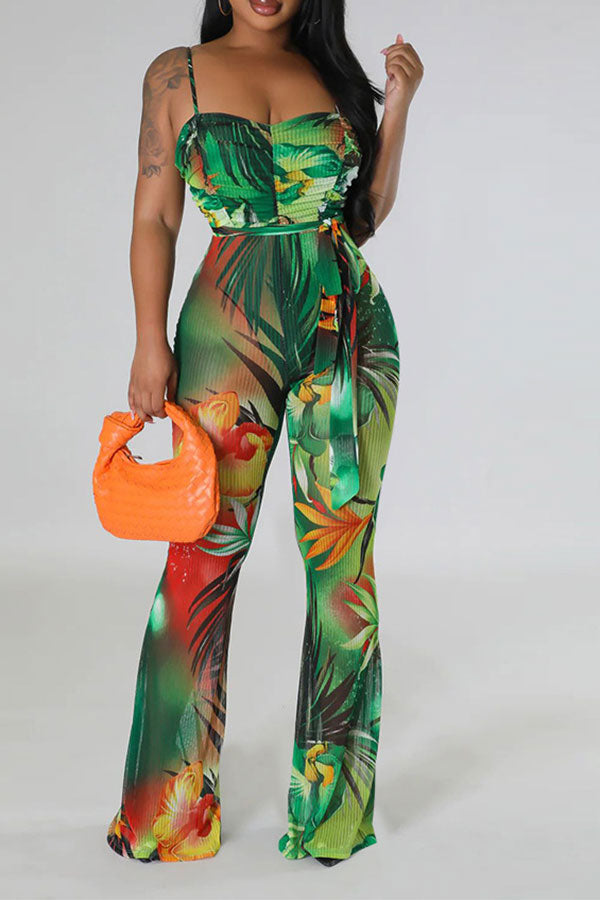 storexq Floral Print Romantic Belted Bell Bottoms Jumpsuit