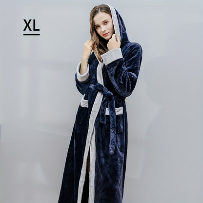 1pc Autumn And Winter Bathrobe, Soft And Skin-friendly Hooded Long Sleeve Bathrobe, Thickened Nightgown With Pocket, Warm Long Robe For Home, Bathroom Supplies